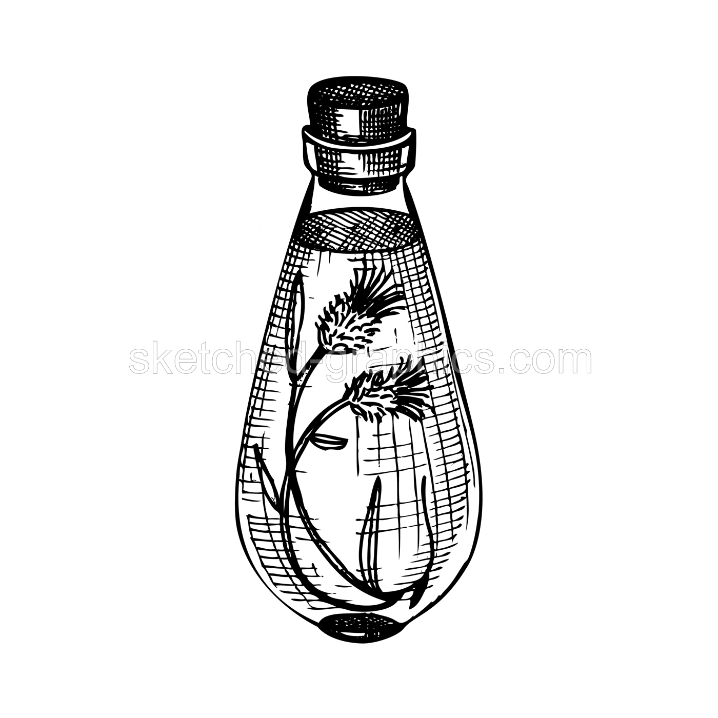 Hand sketched bottles with flower extract in vintage style. Glassware hand drawing for cosmetic or perfume. Alchemy laboratory equipment sketch. Magic, witchcraft and mysticism glassware illustration Illustration